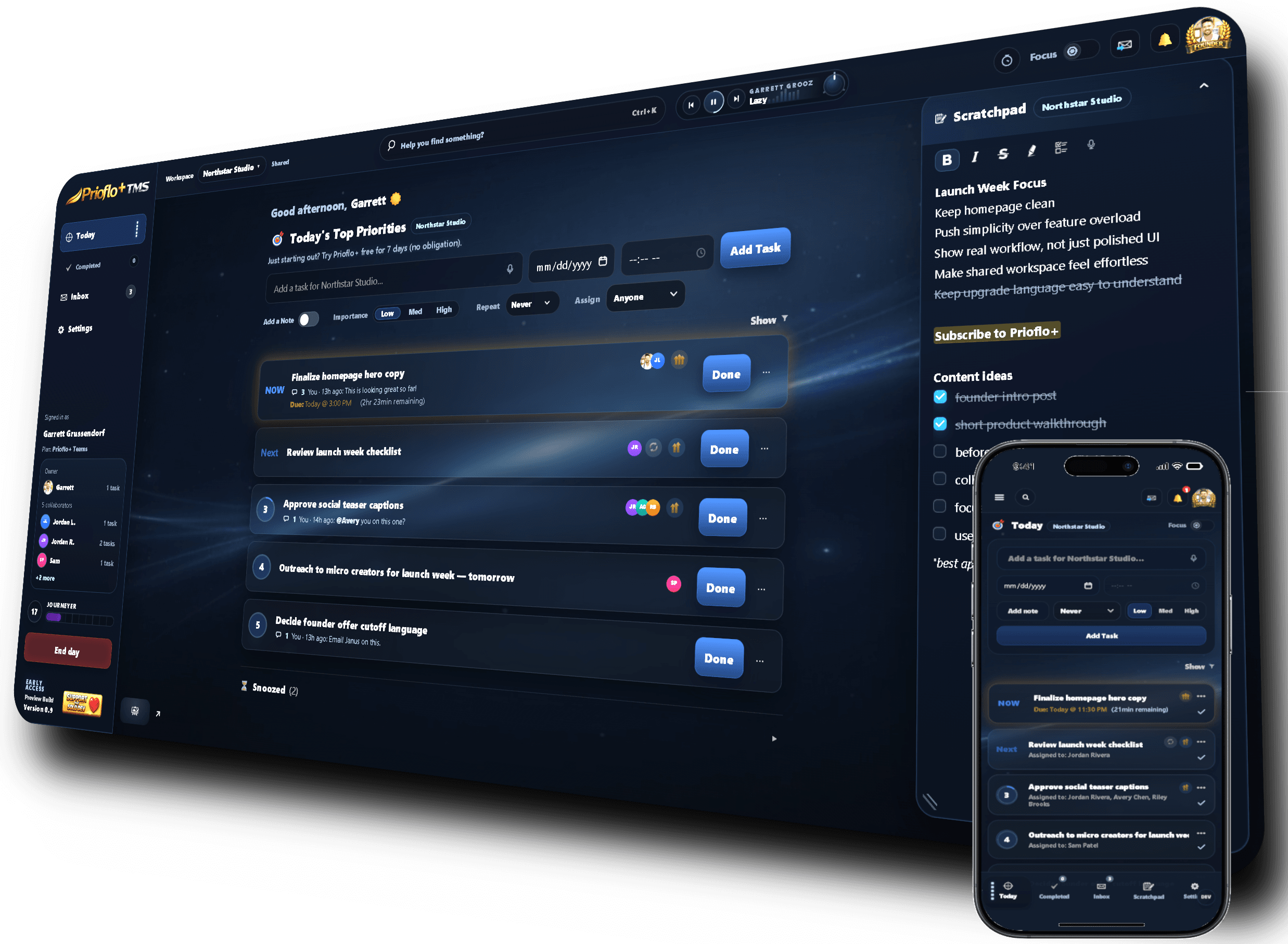 Prioflo focus timer workflow connected to Today priorities and progress tracking